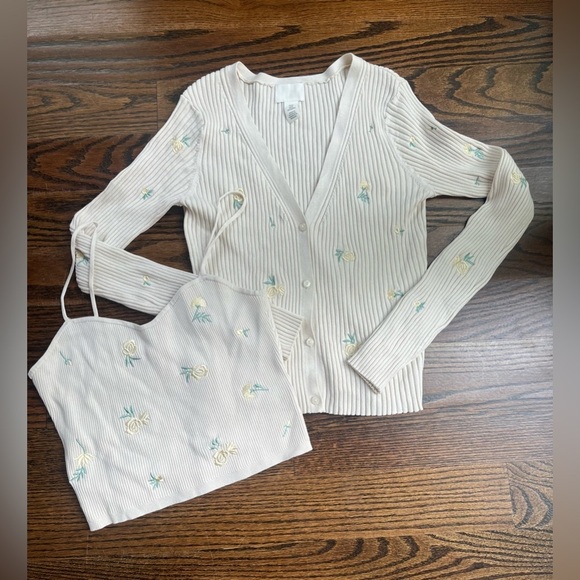 H&M RIBBED CARDIGAN AND CROP TOP WITH EMBROIDERY Sz. M ivory Y2K style - Picture 1 of 8